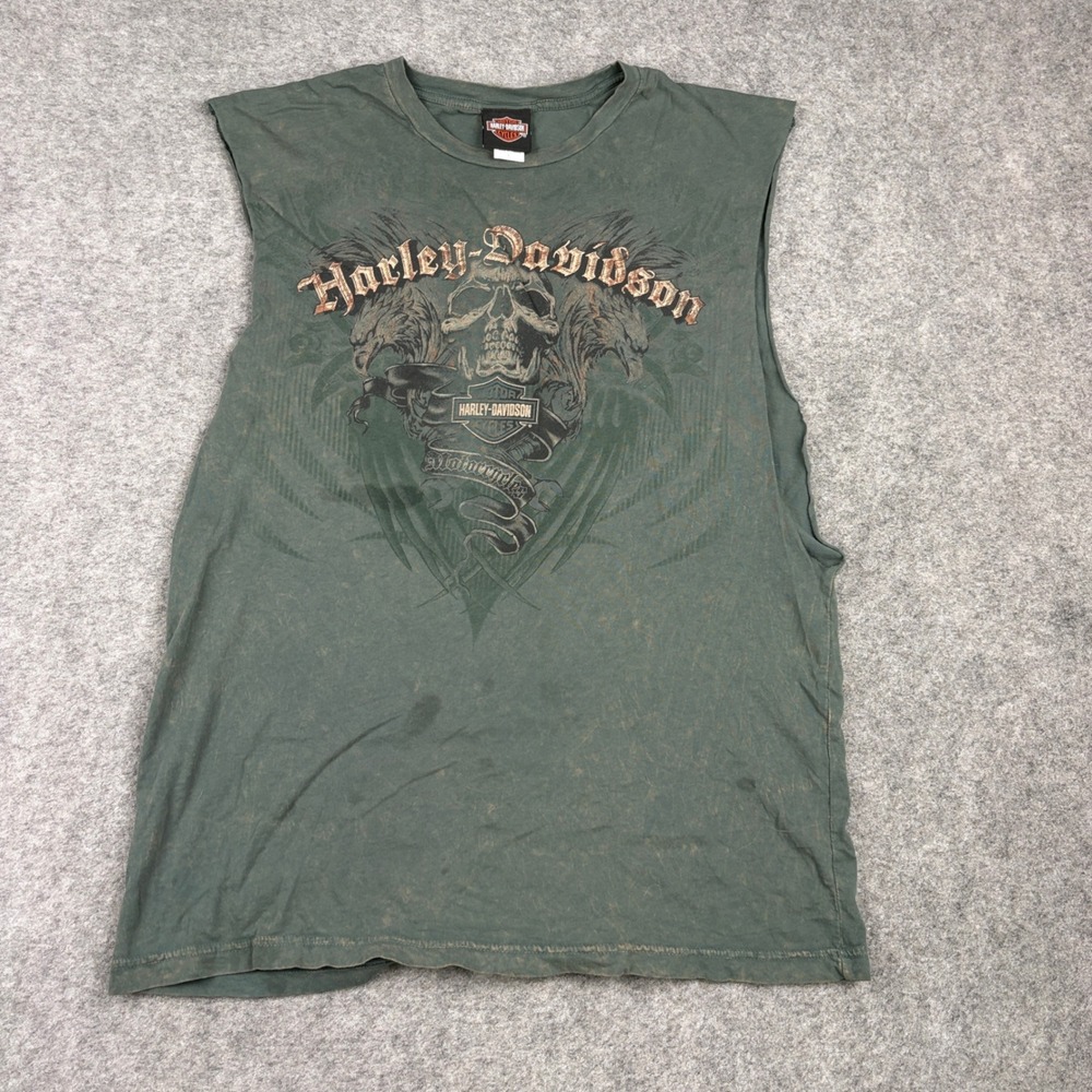 Y2K Harley Davidson Sleeveless Shirt Mens Large Green Skull Eagle Charlotte NC